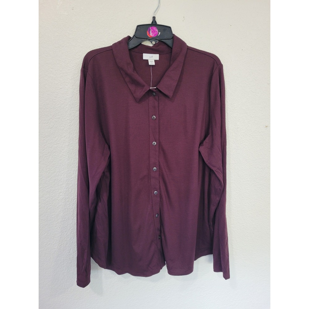 J. Jill Women's Dark Fig Petite Long Sleeve Button Down Shirt Burgundy Large #21